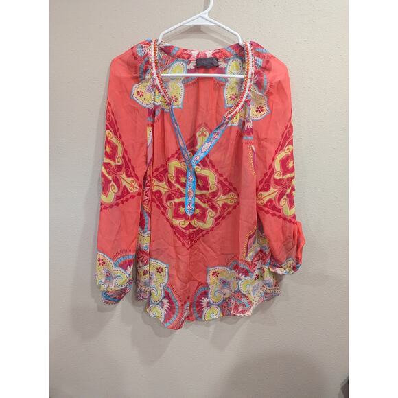 Hale Bob 100% silk and beaded neon mandala style print top w/roll tab sleeve top - Picture 1 of 10